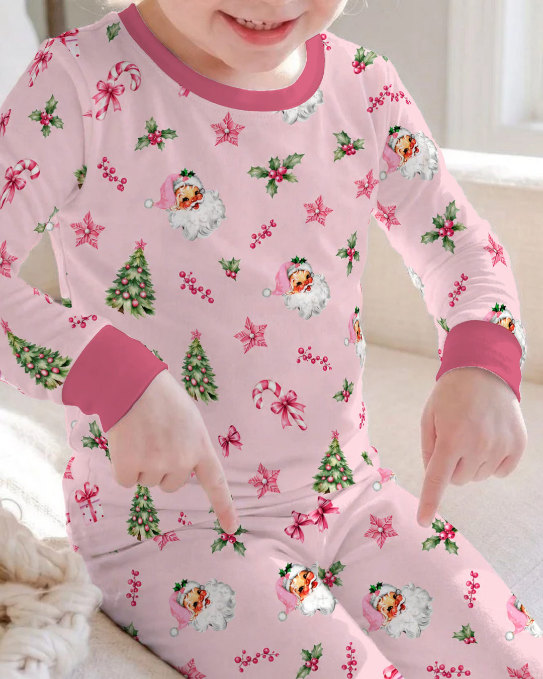 Pink Santa Christmas Candy Cane Bamboo Two Piece Long Sleeve Pajama Set