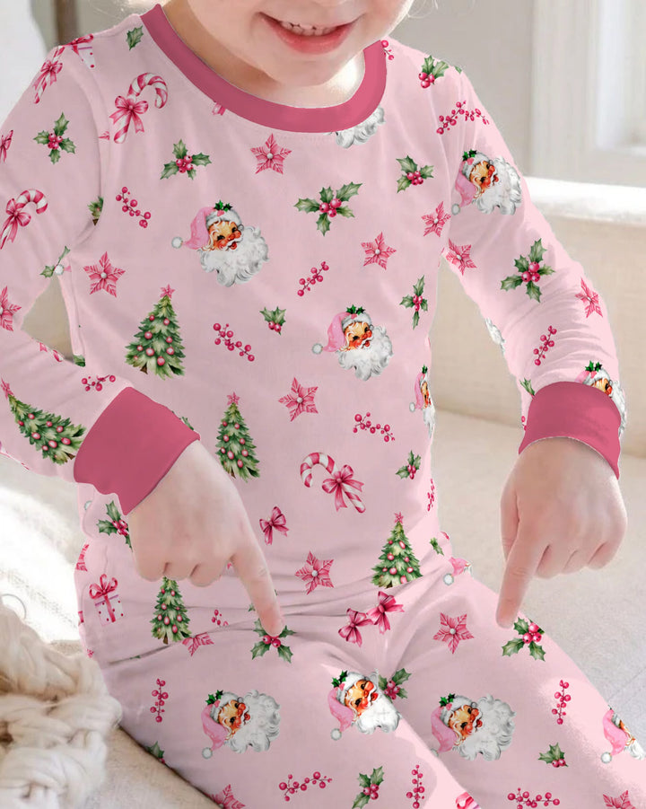 Pink Santa Christmas Candy Cane Bamboo Two Piece Long Sleeve Pajama Set