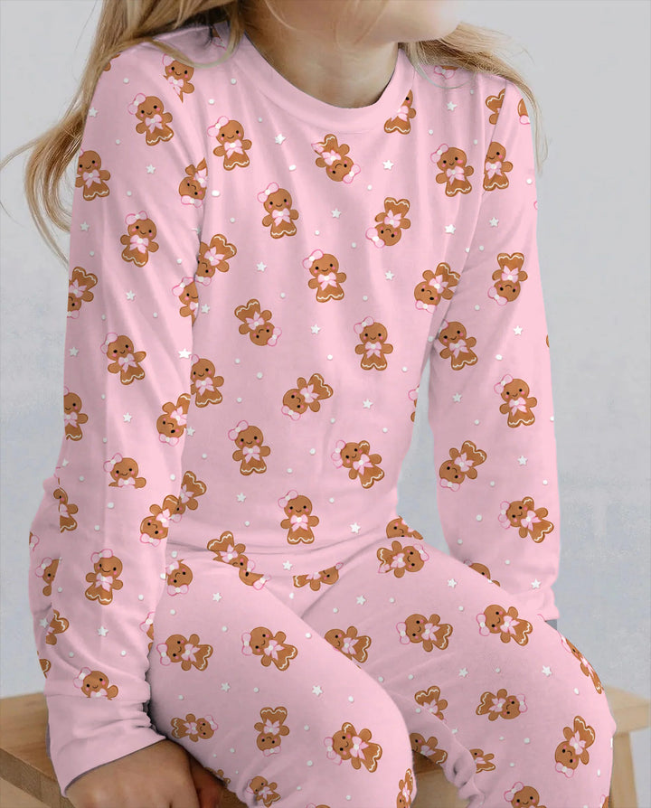 Cute Pink Gingerbread Girl Christmas Bamboo Two Piece Long Sleeve Pajama Set