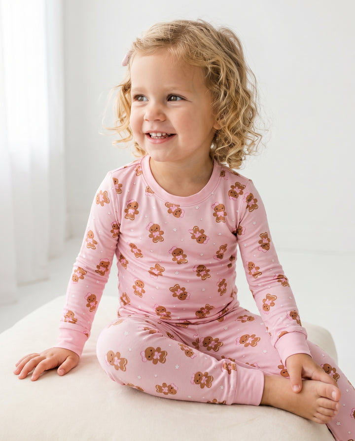 Cute Pink Gingerbread Girl Christmas Bamboo Two Piece Long Sleeve Pajama Set