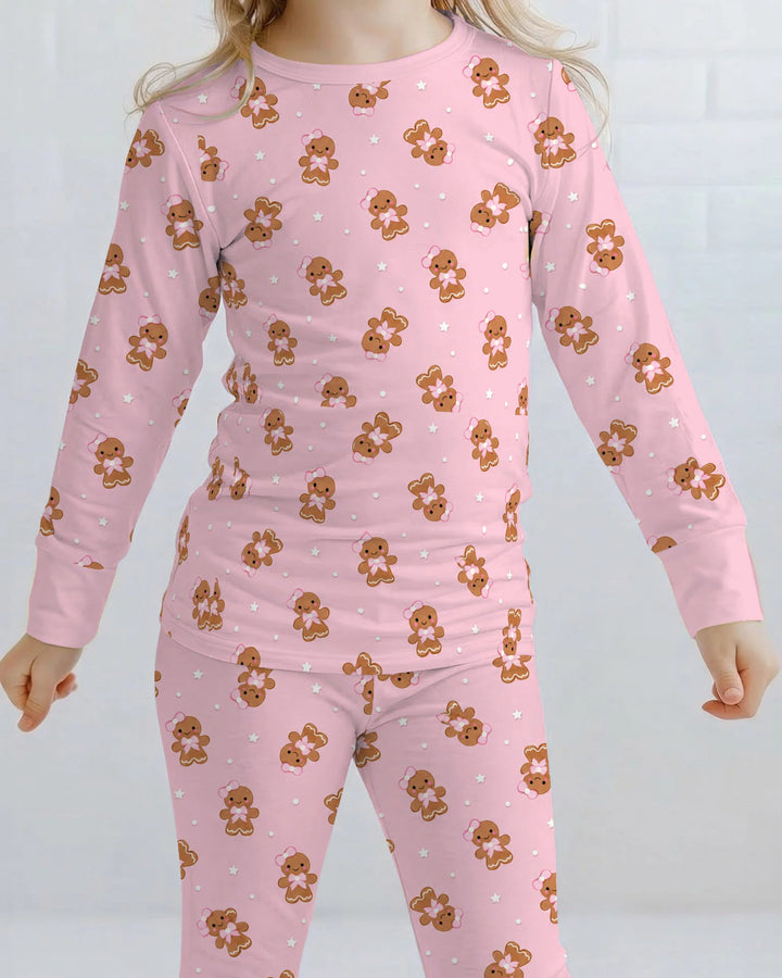 Cute Pink Gingerbread Girl Christmas Bamboo Two Piece Long Sleeve Pajama Set