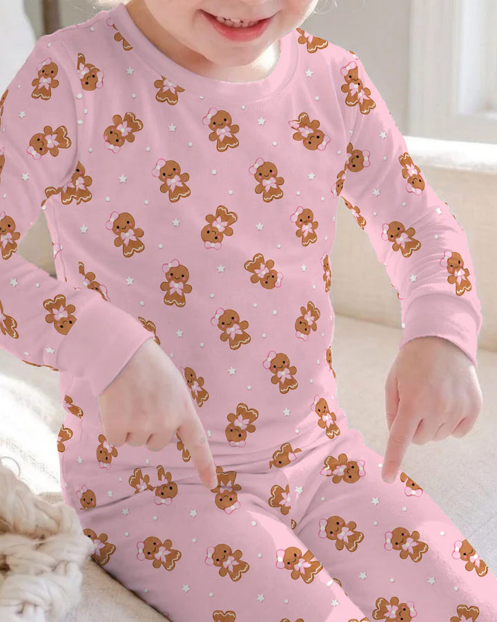 Cute Pink Gingerbread Girl Christmas Bamboo Two Piece Long Sleeve Pajama Set