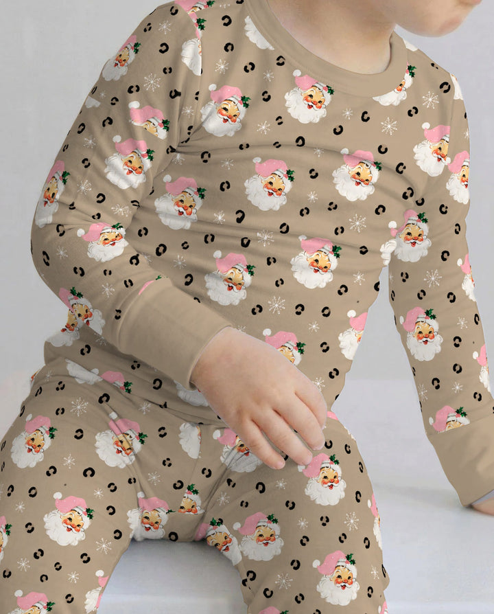 Pink Santa Leopard Print Christmas Bamboo Two Piece Long Sleeve Pajama Set