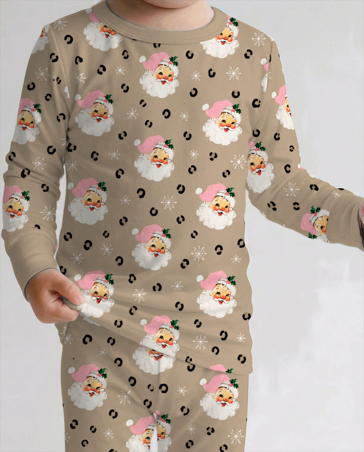 Pink Santa Leopard Print Christmas Bamboo Two Piece Long Sleeve Pajama Set