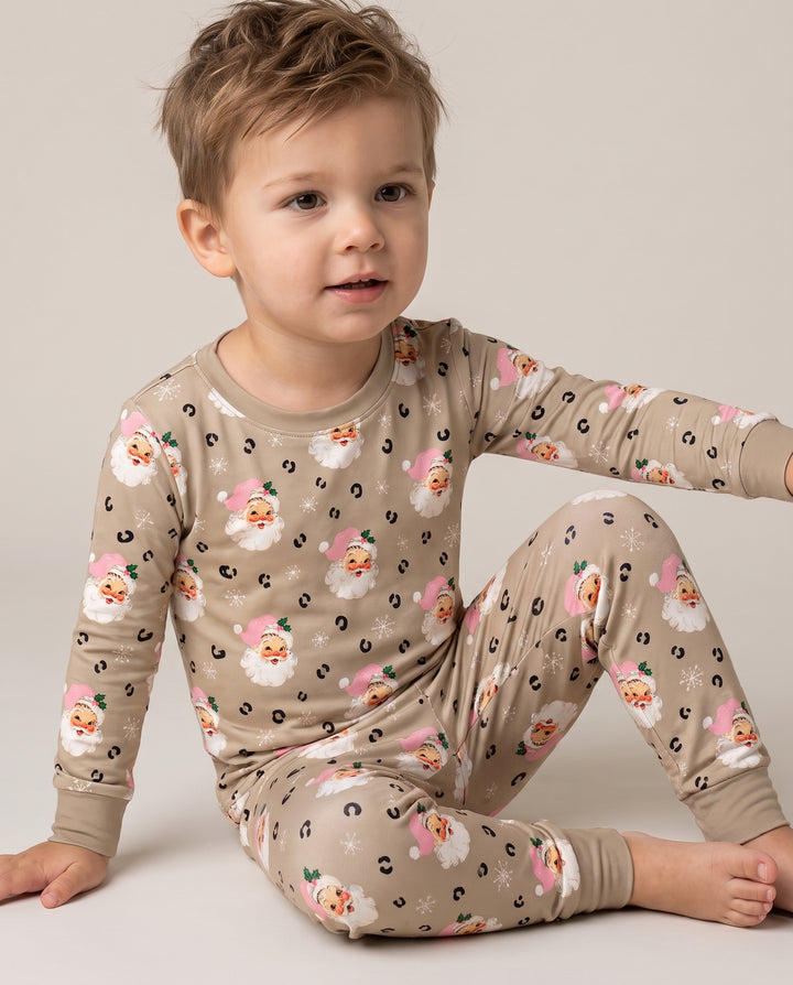 Pink Santa Leopard Print Christmas Bamboo Two Piece Long Sleeve Pajama Set