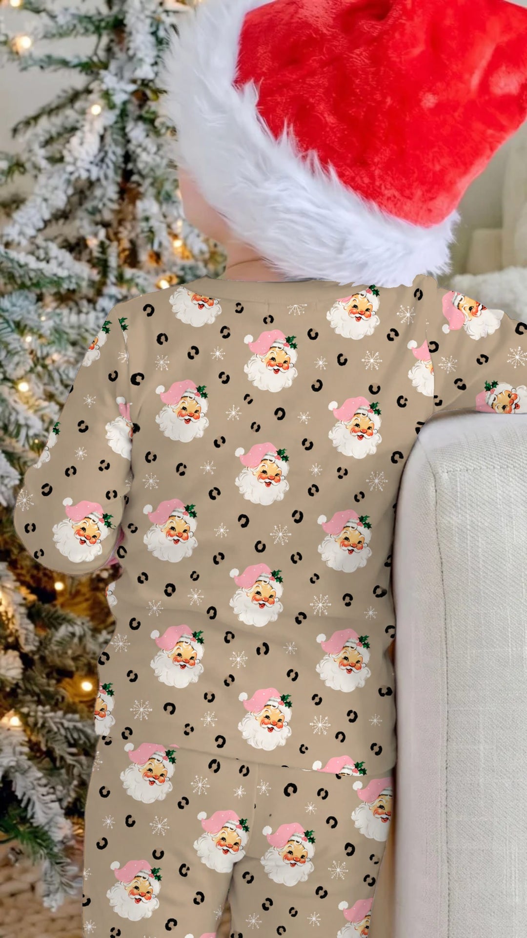 Pink Santa Leopard Print Christmas Bamboo Two Piece Long Sleeve Pajama Set