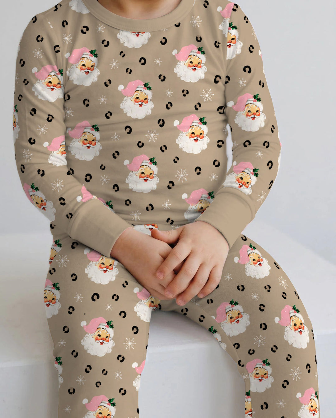 Pink Santa Leopard Print Christmas Bamboo Two Piece Long Sleeve Pajama Set