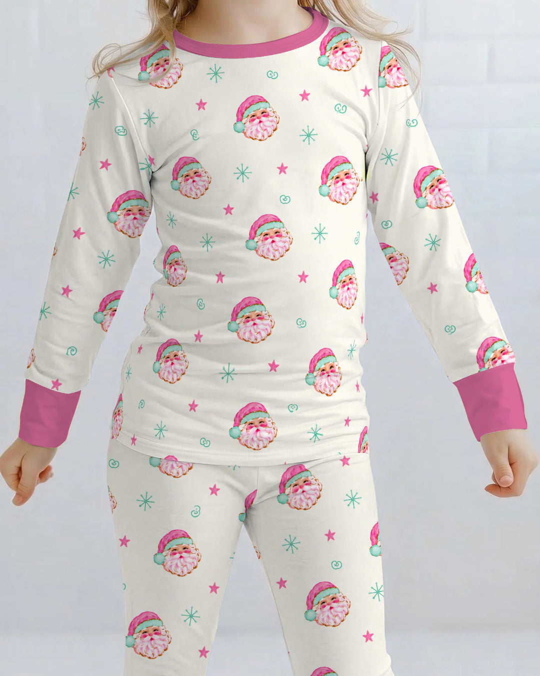 Retro Pink Santa Christmas Bamboo Two Piece Long Sleeve Pajama Set