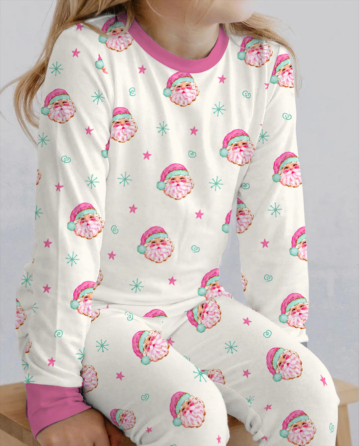 Retro Pink Santa Christmas Bamboo Two Piece Long Sleeve Pajama Set