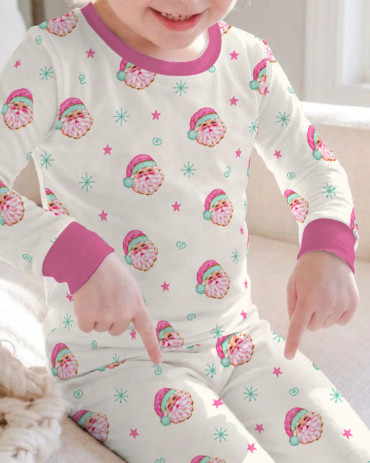 Retro Pink Santa Christmas Bamboo Two Piece Long Sleeve Pajama Set