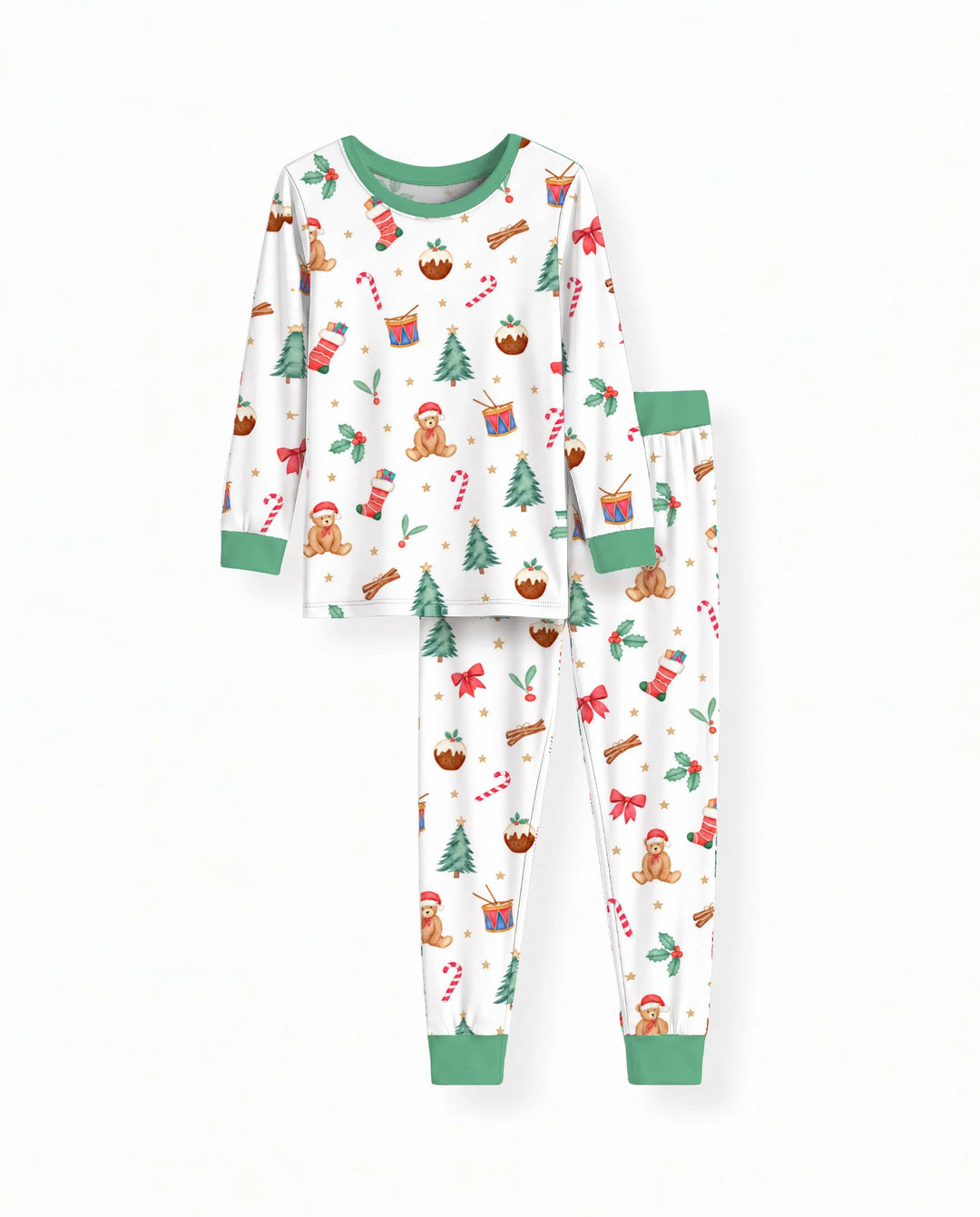 Watercolor Christmas Teddy Bear Holiday Bamboo Two Piece Long Sleeve Pajama Set