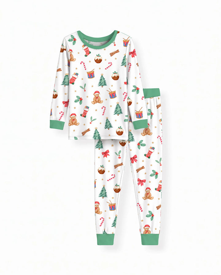 Watercolor Christmas Teddy Bear Holiday Bamboo Two Piece Long Sleeve Pajama Set