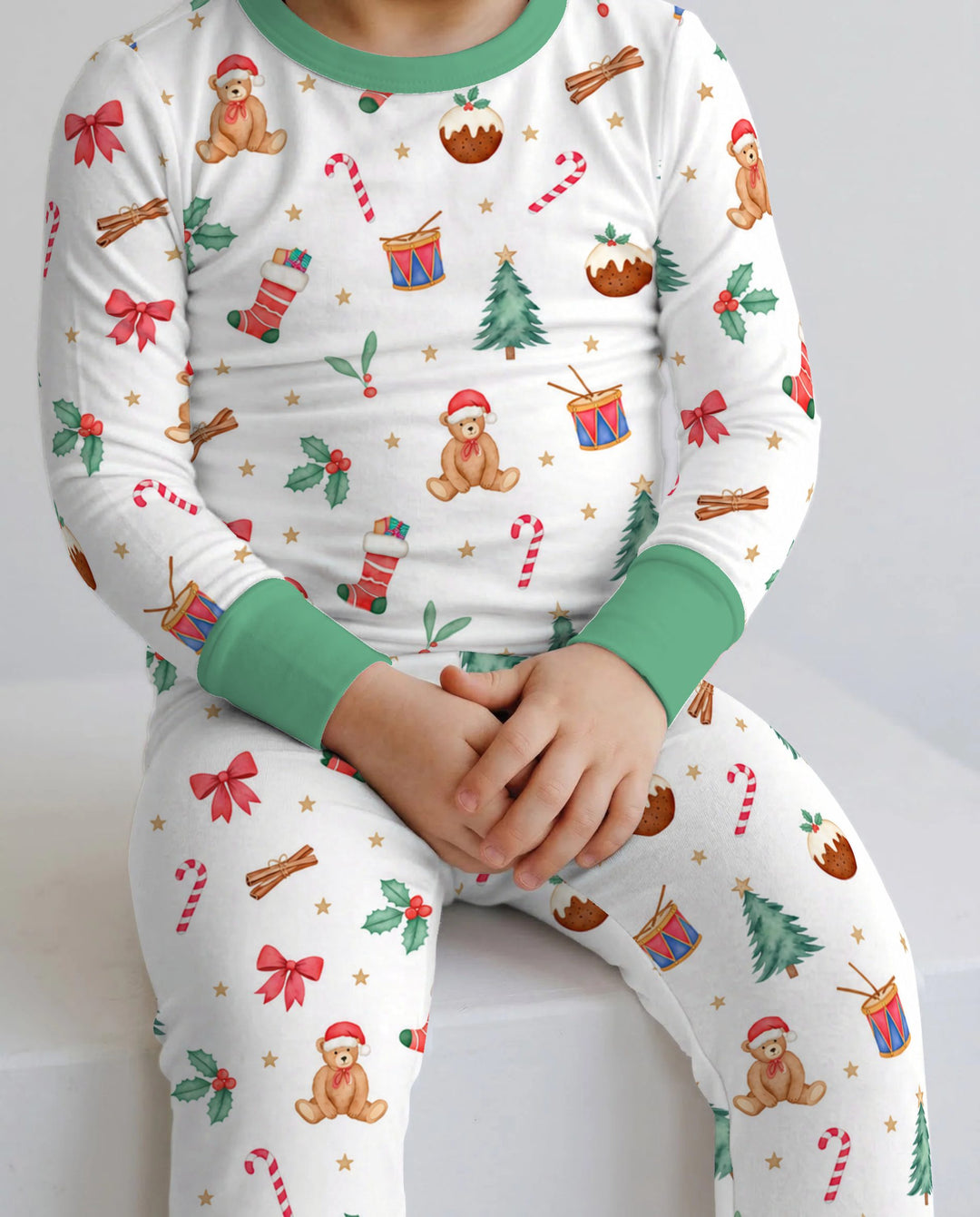 Watercolor Christmas Teddy Bear Holiday Bamboo Two Piece Long Sleeve Pajama Set
