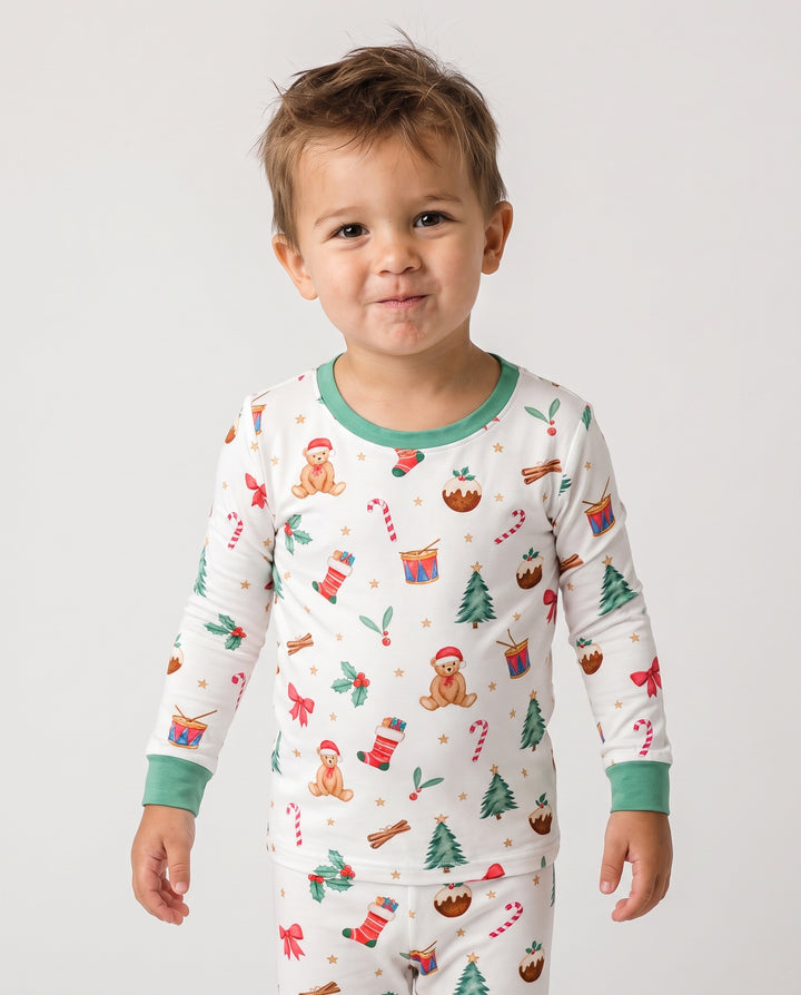 Watercolor Christmas Teddy Bear Holiday Bamboo Two Piece Long Sleeve Pajama Set