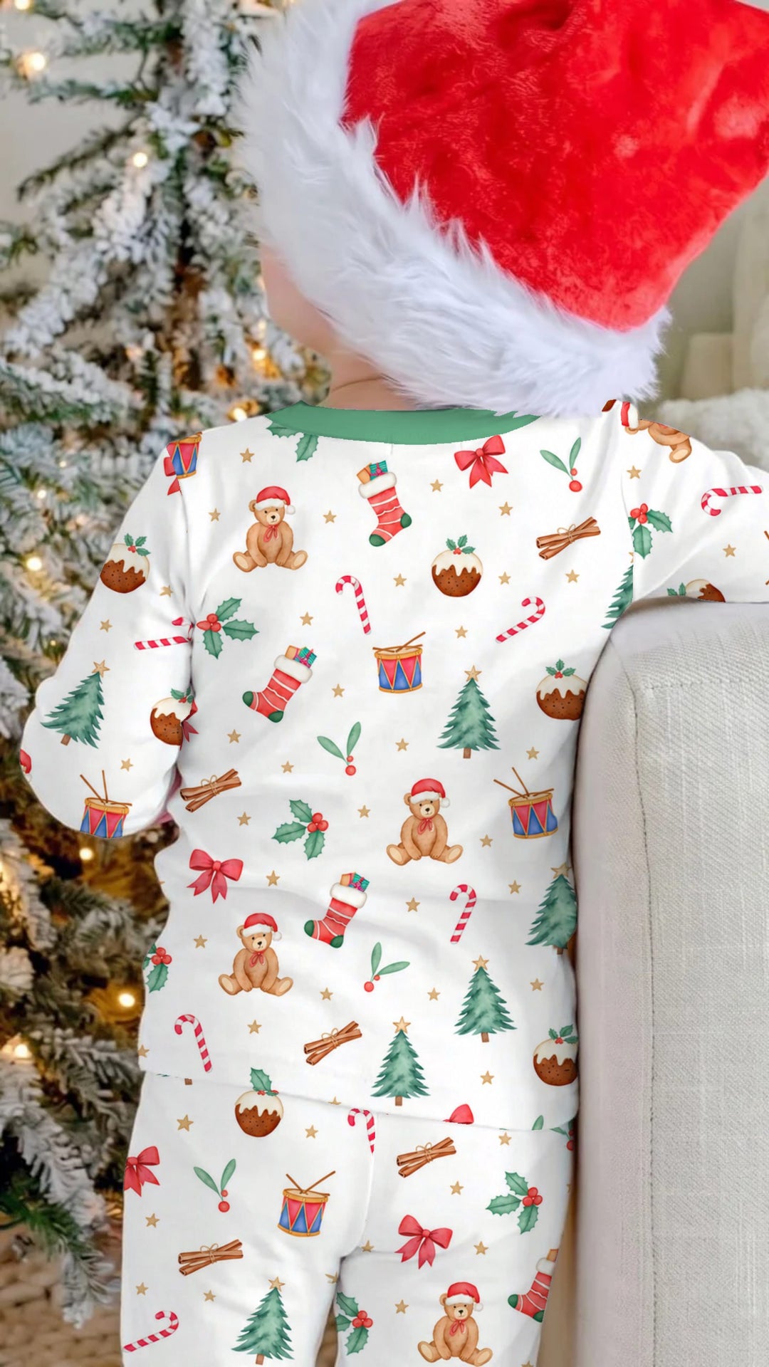 Watercolor Christmas Teddy Bear Holiday Bamboo Two Piece Long Sleeve Pajama Set