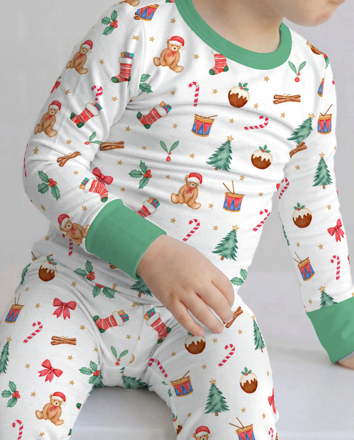 Watercolor Christmas Teddy Bear Holiday Bamboo Two Piece Long Sleeve Pajama Set