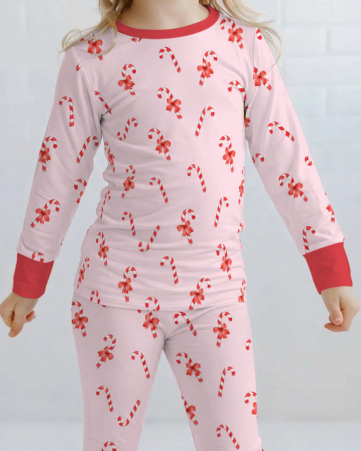 Pink Candy Cane Bow Christmas Bamboo Two Piece Long Sleeve Pajama Set