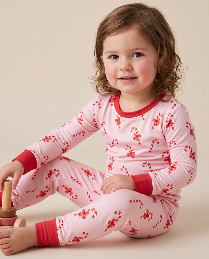 Pink Candy Cane Bow Christmas Bamboo Two Piece Long Sleeve Pajama Set
