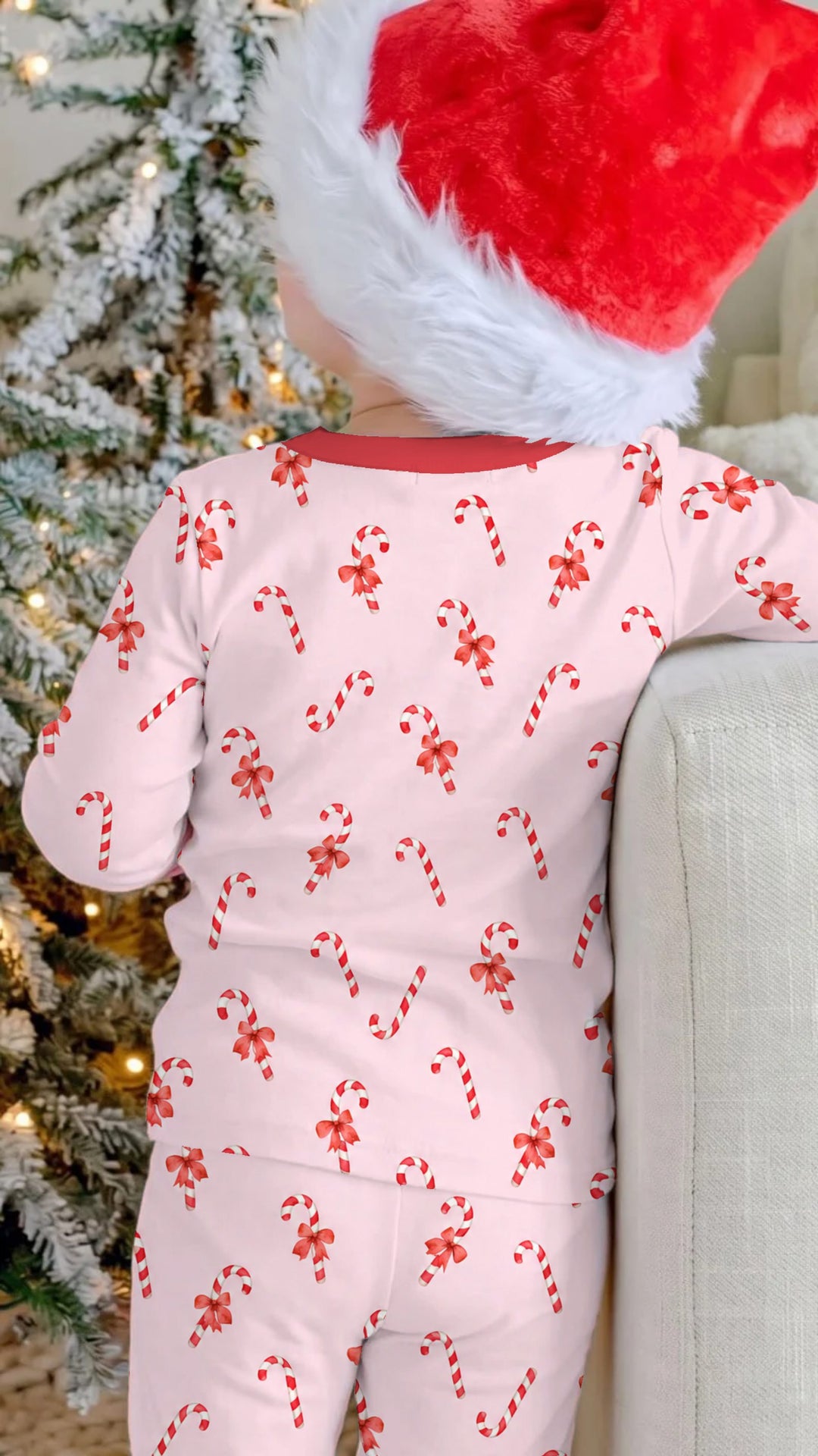Pink Candy Cane Bow Christmas Bamboo Two Piece Long Sleeve Pajama Set