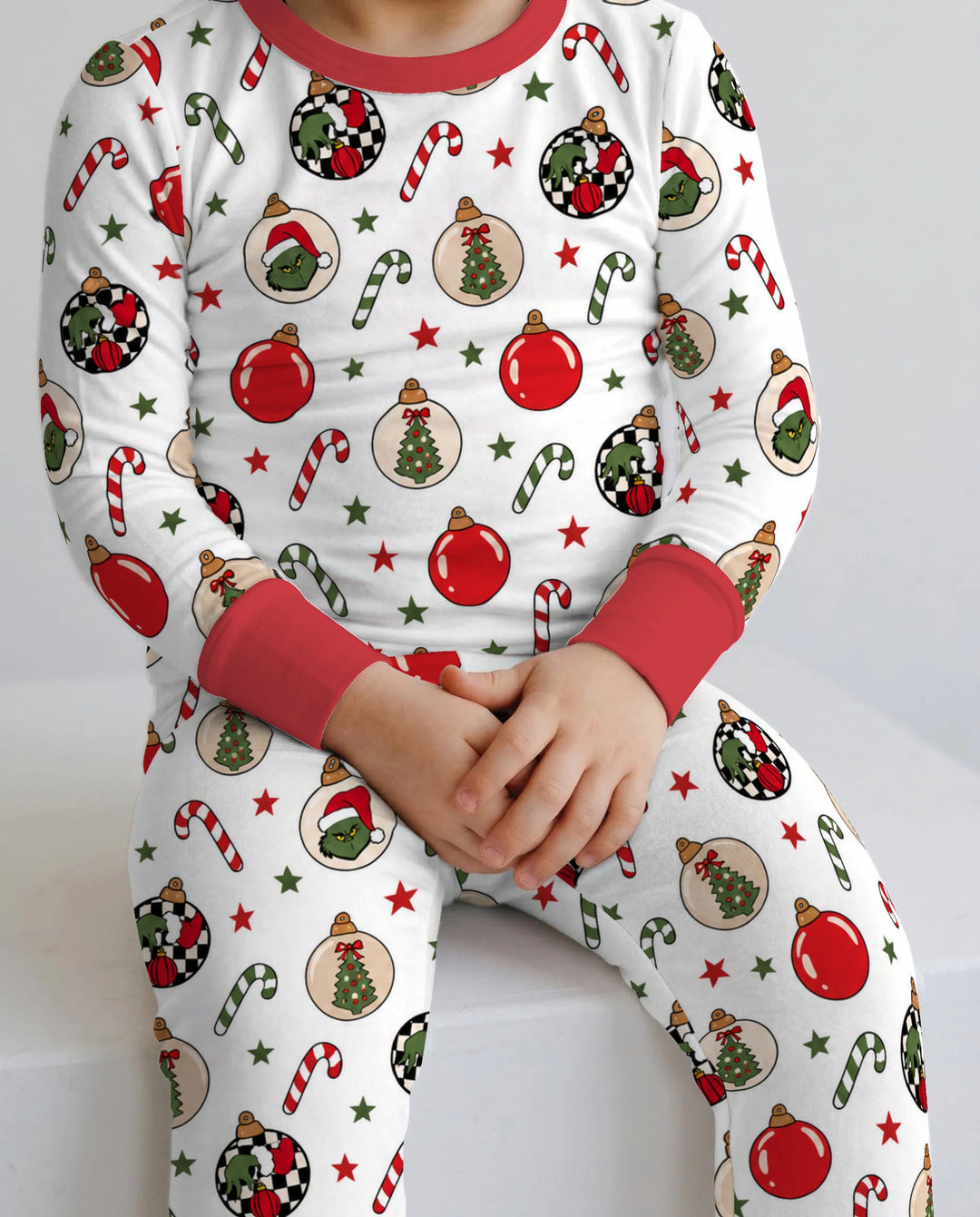 Grinch Christmas Ornament Candy Cane Bamboo Two Piece Long Sleeve Pajama Set