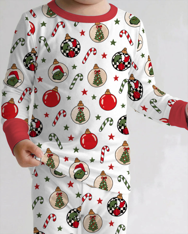 Grinch Christmas Ornament Candy Cane Bamboo Two Piece Long Sleeve Pajama Set