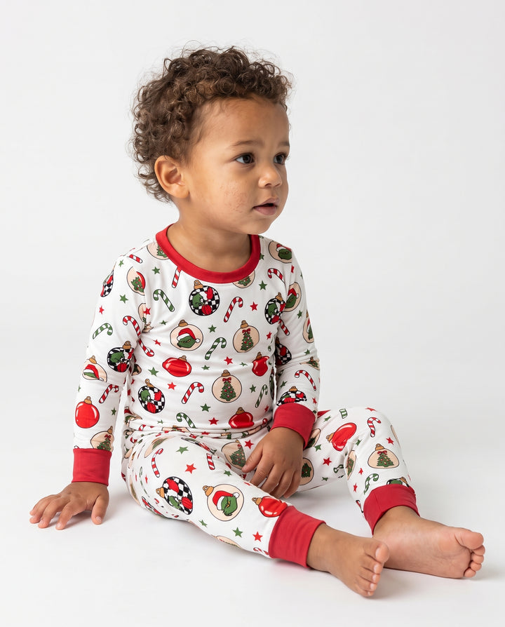 Grinch Christmas Ornament Candy Cane Bamboo Two Piece Long Sleeve Pajama Set