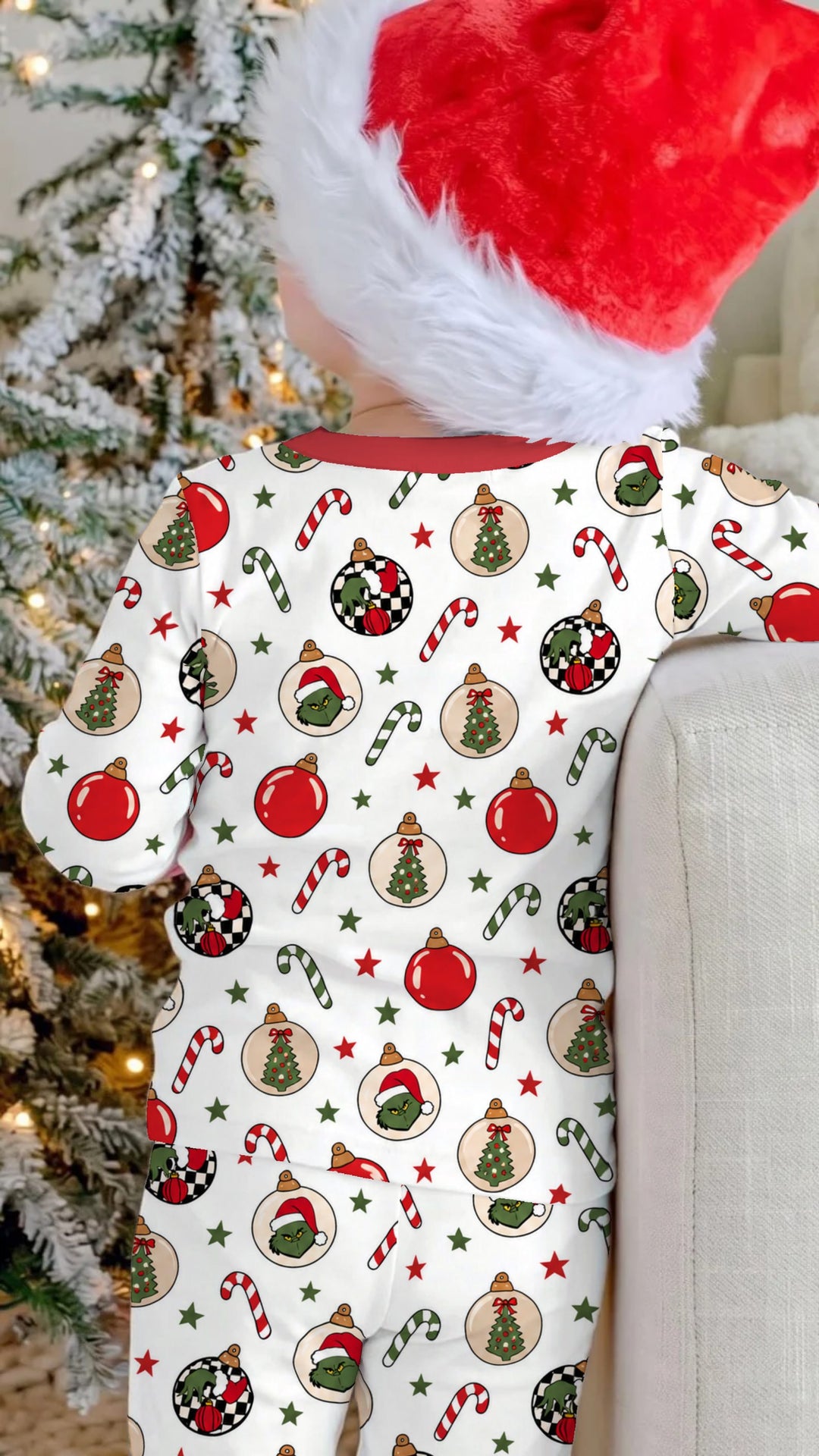 Grinch Christmas Ornament Candy Cane Bamboo Two Piece Long Sleeve Pajama Set