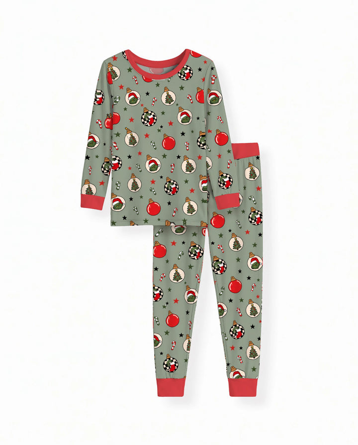 Grinch Christmas Ornaments Sage Green Bamboo Two Piece Long Sleeve Pajama Set