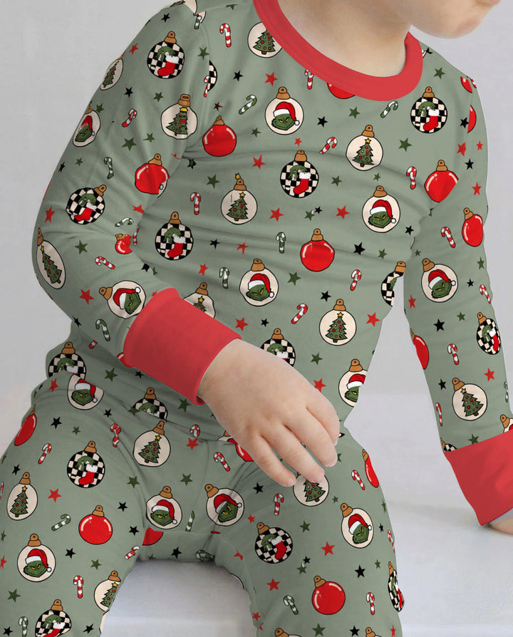 Grinch Christmas Ornaments Sage Green Bamboo Two Piece Long Sleeve Pajama Set