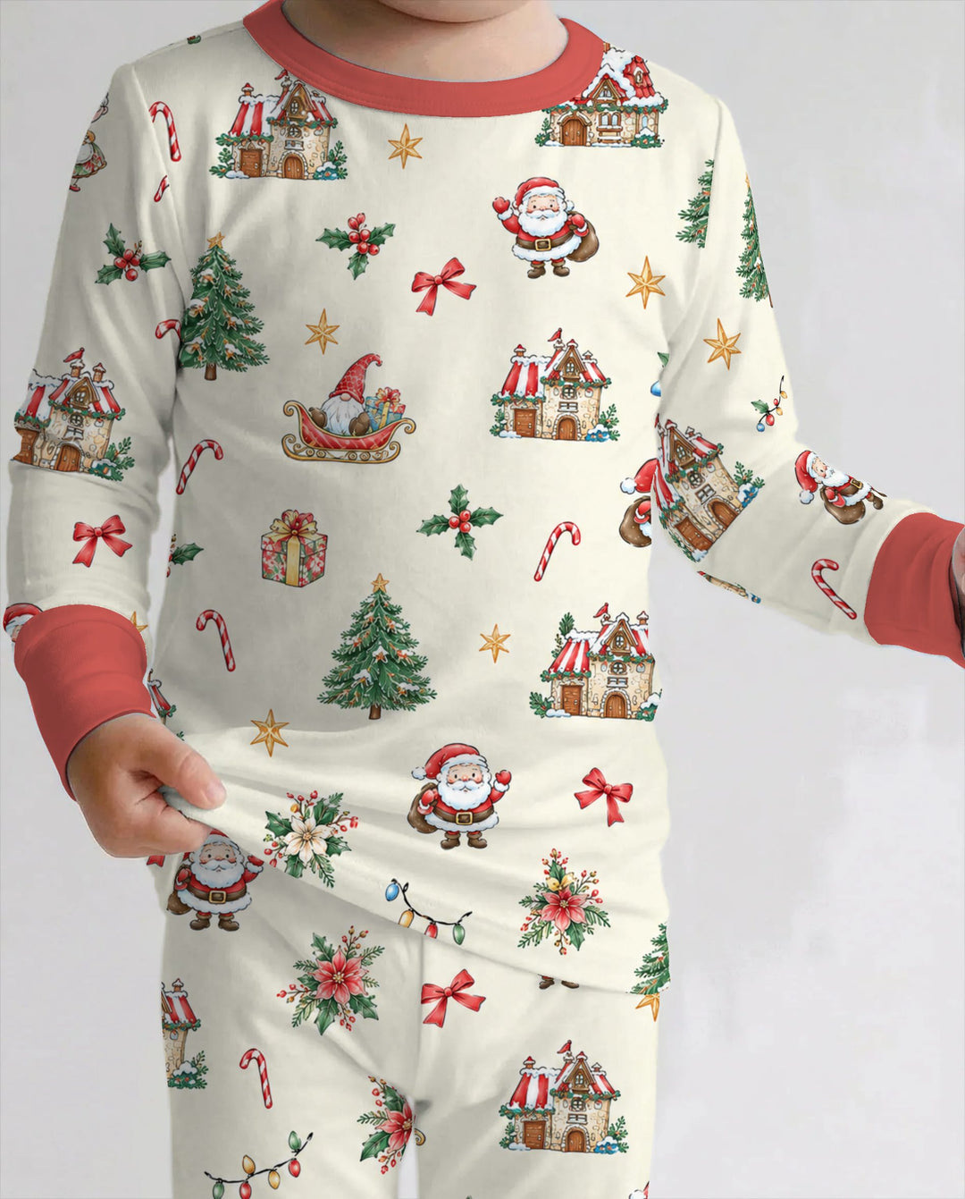 Vintage Santa Christmas Village Bamboo Two Piece Long Sleeve Pajama Set