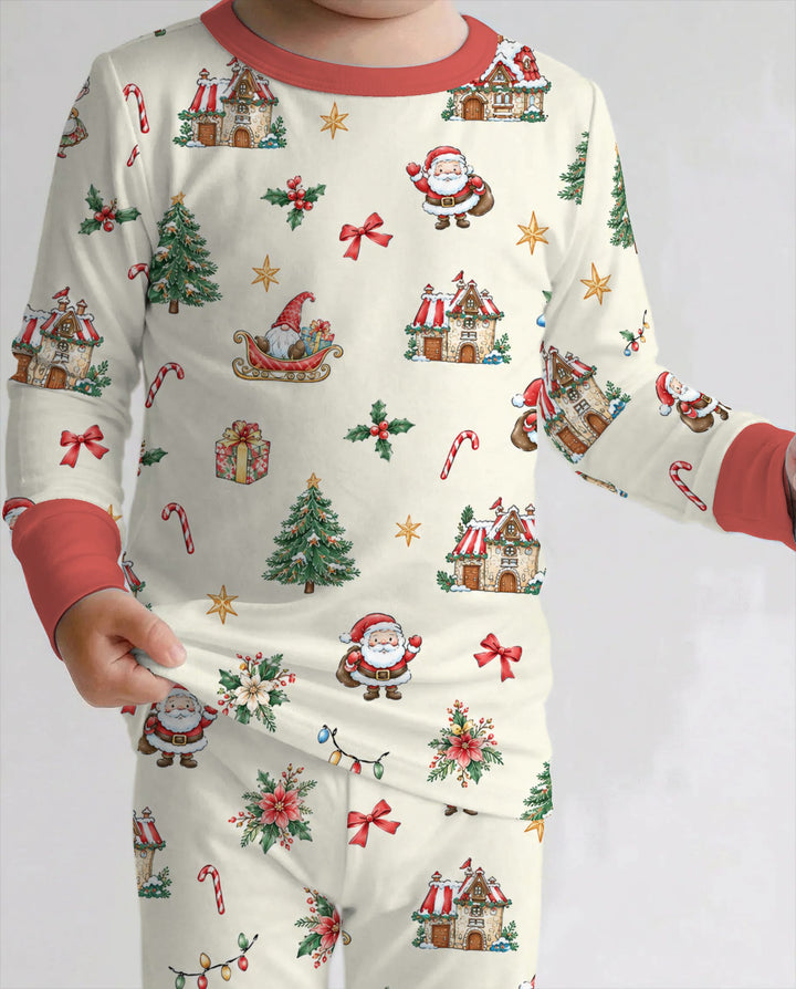Vintage Santa Christmas Village Bamboo Two Piece Long Sleeve Pajama Set