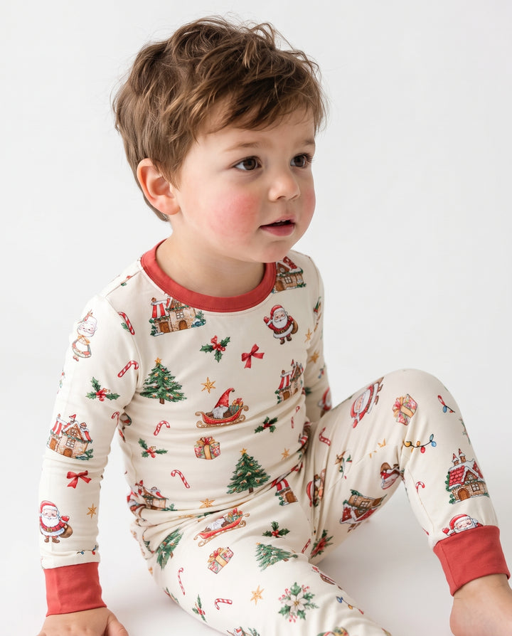 Vintage Santa Christmas Village Bamboo Two Piece Long Sleeve Pajama Set