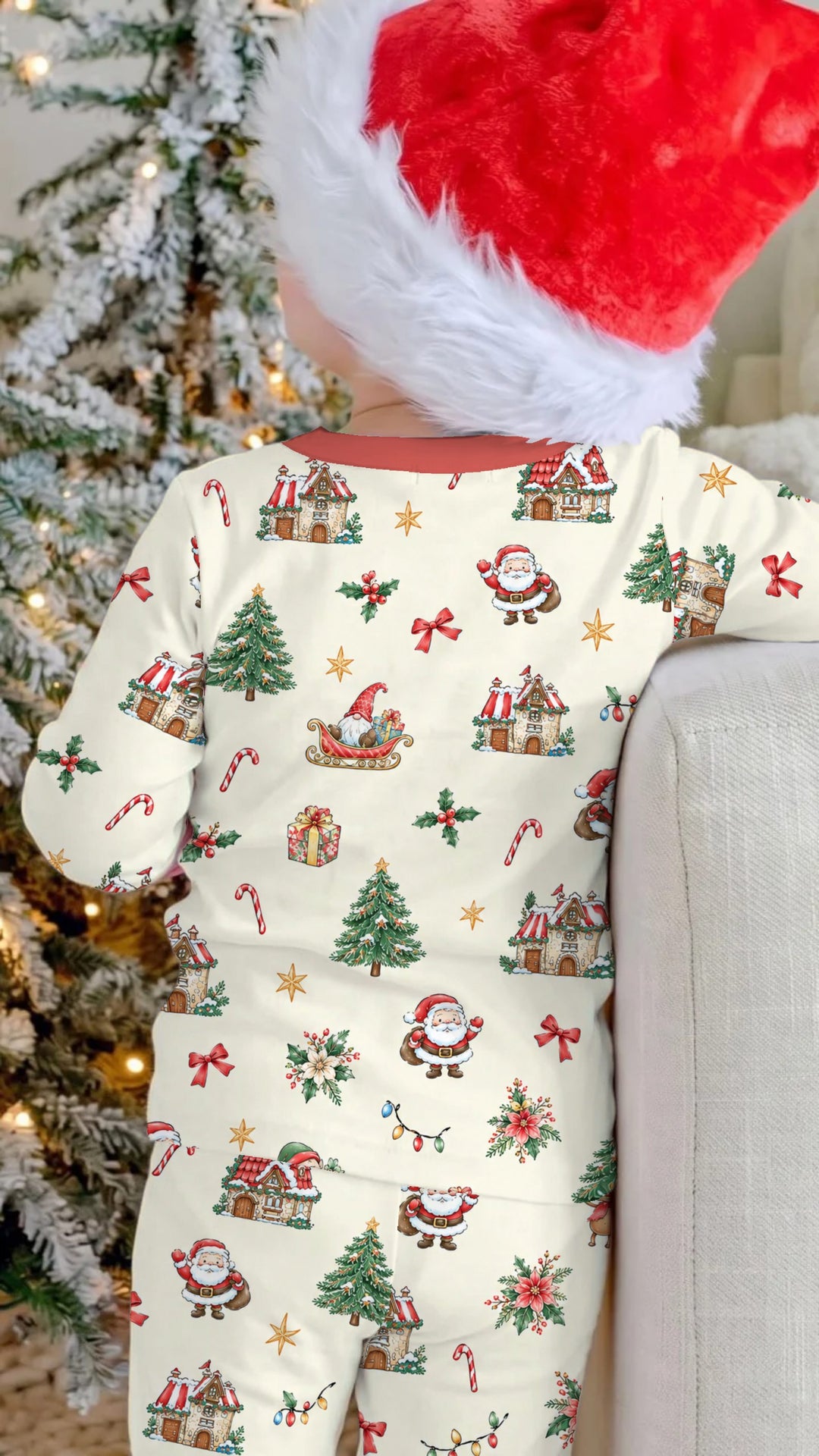 Vintage Santa Christmas Village Bamboo Two Piece Long Sleeve Pajama Set