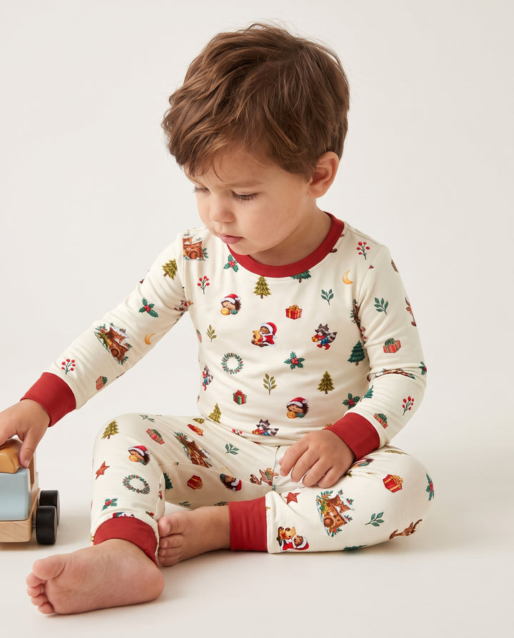 Woodland Animals Christmas Holiday Bamboo Two Piece Long Sleeve Pajama Set