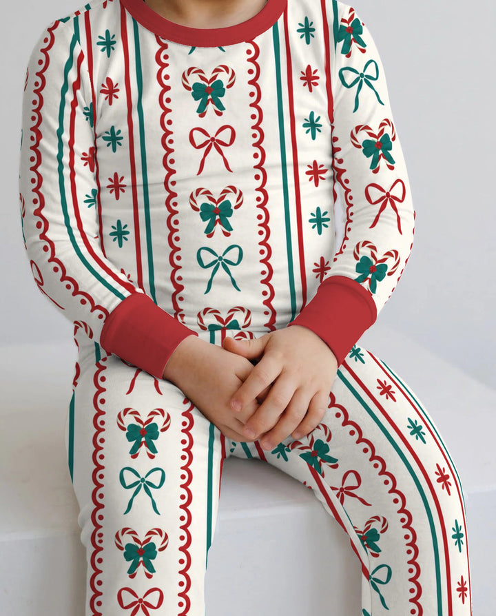 Retro Candy Cane Bow Christmas Stripes Bamboo Two Piece Long Sleeve Pajama Set