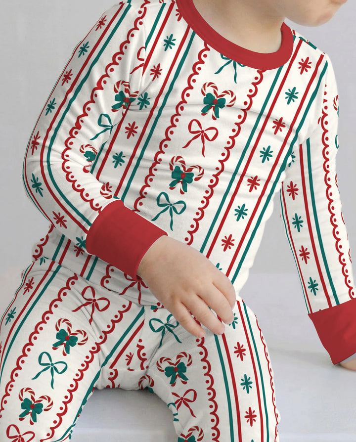 Retro Candy Cane Bow Christmas Stripes Bamboo Two Piece Long Sleeve Pajama Set