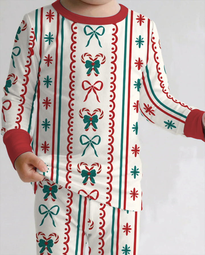 Retro Candy Cane Bow Christmas Stripes Bamboo Two Piece Long Sleeve Pajama Set