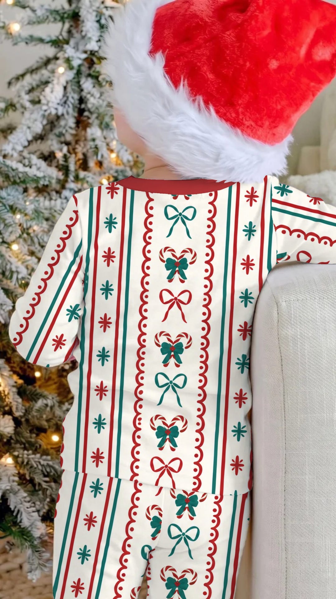 Retro Candy Cane Bow Christmas Stripes Bamboo Two Piece Long Sleeve Pajama Set