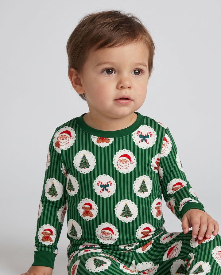 Vintage Santa Teddy Bear Christmas Stripes Bamboo Two Piece Long Sleeve Pajama Set