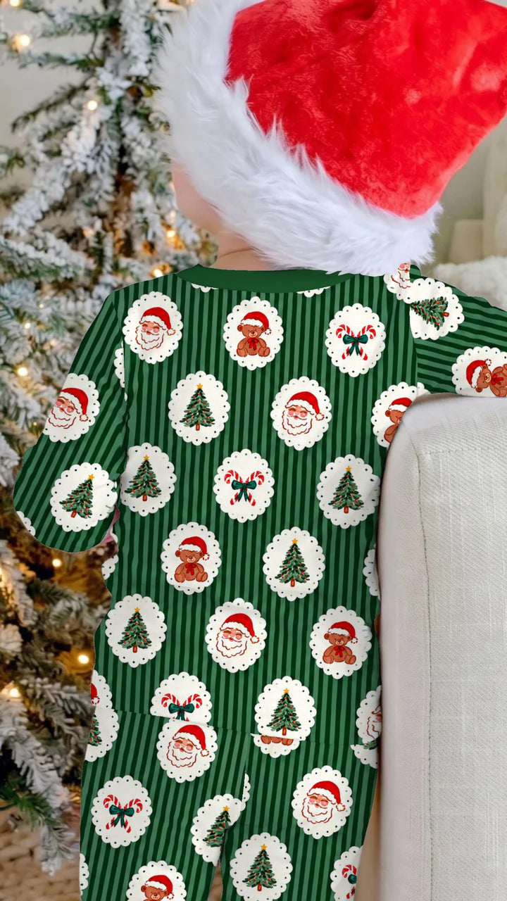 Vintage Santa Teddy Bear Christmas Stripes Bamboo Two Piece Long Sleeve Pajama Set