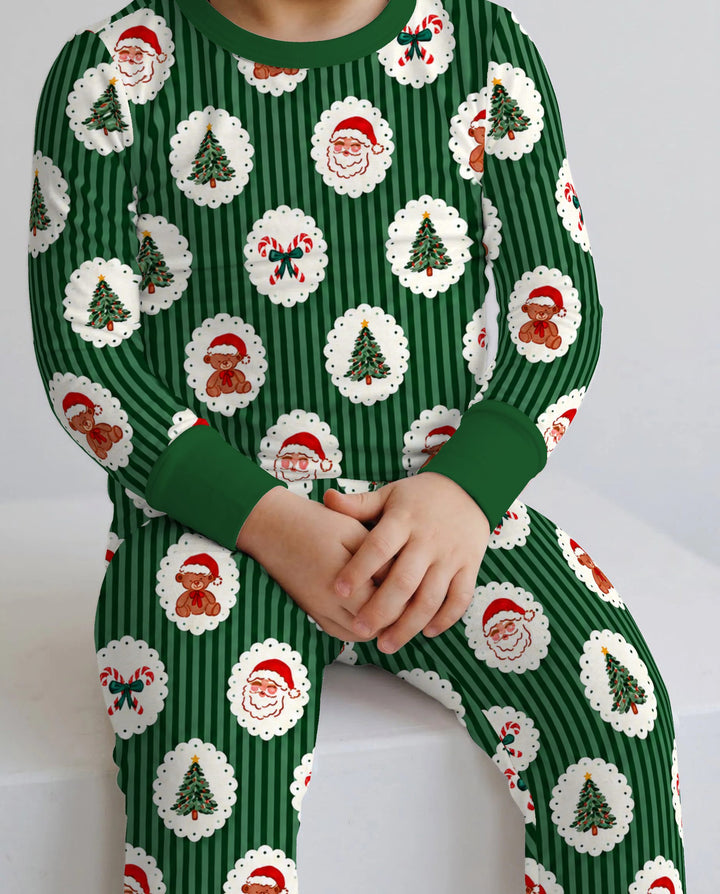 Vintage Santa Teddy Bear Christmas Stripes Bamboo Two Piece Long Sleeve Pajama Set