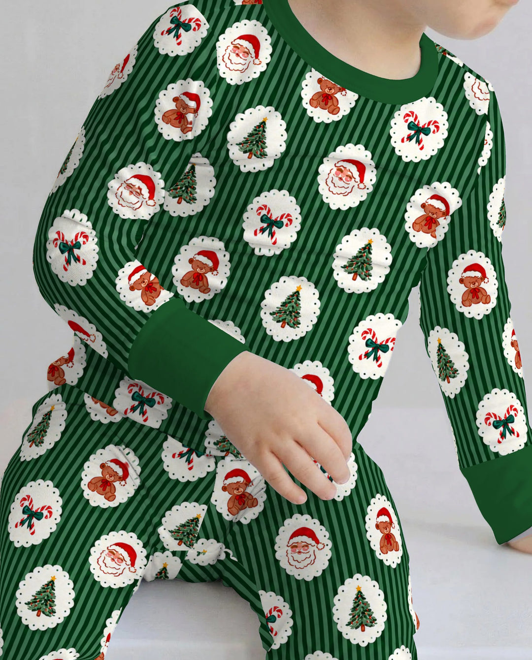 Vintage Santa Teddy Bear Christmas Stripes Bamboo Two Piece Long Sleeve Pajama Set