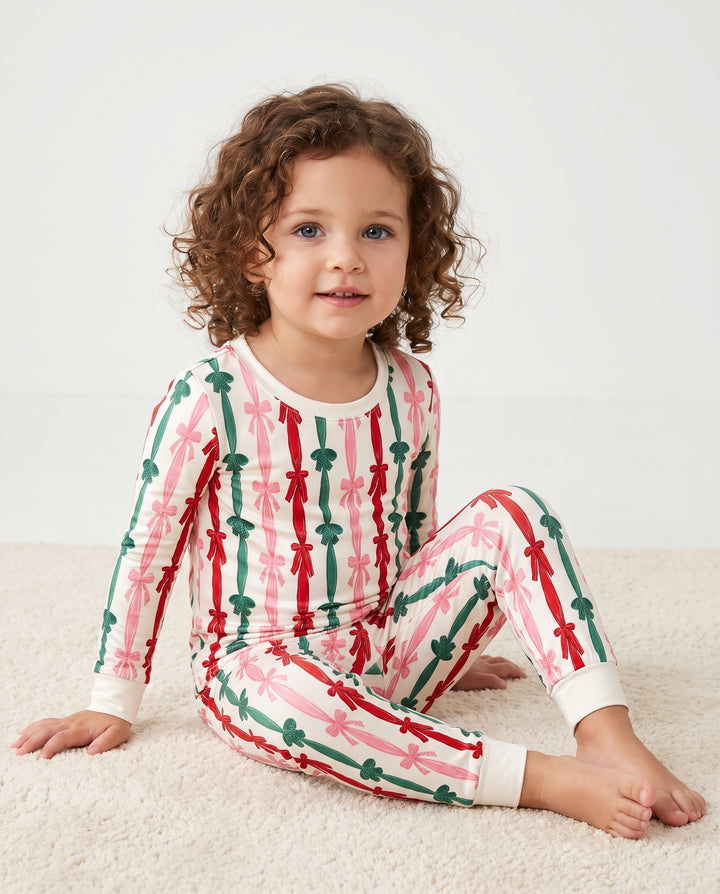 Coquette Christmas Ribbon Bow Stripes Bamboo Two Piece Long Sleeve Pajama Set