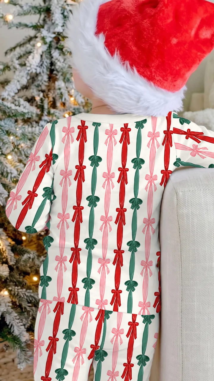 Coquette Christmas Ribbon Bow Stripes Bamboo Two Piece Long Sleeve Pajama Set