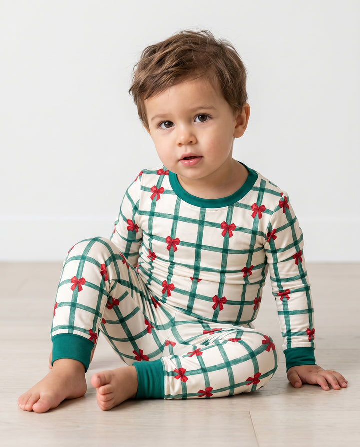 Christmas Plaid Red Bow Bamboo Two Piece Long Sleeve Pajama Set