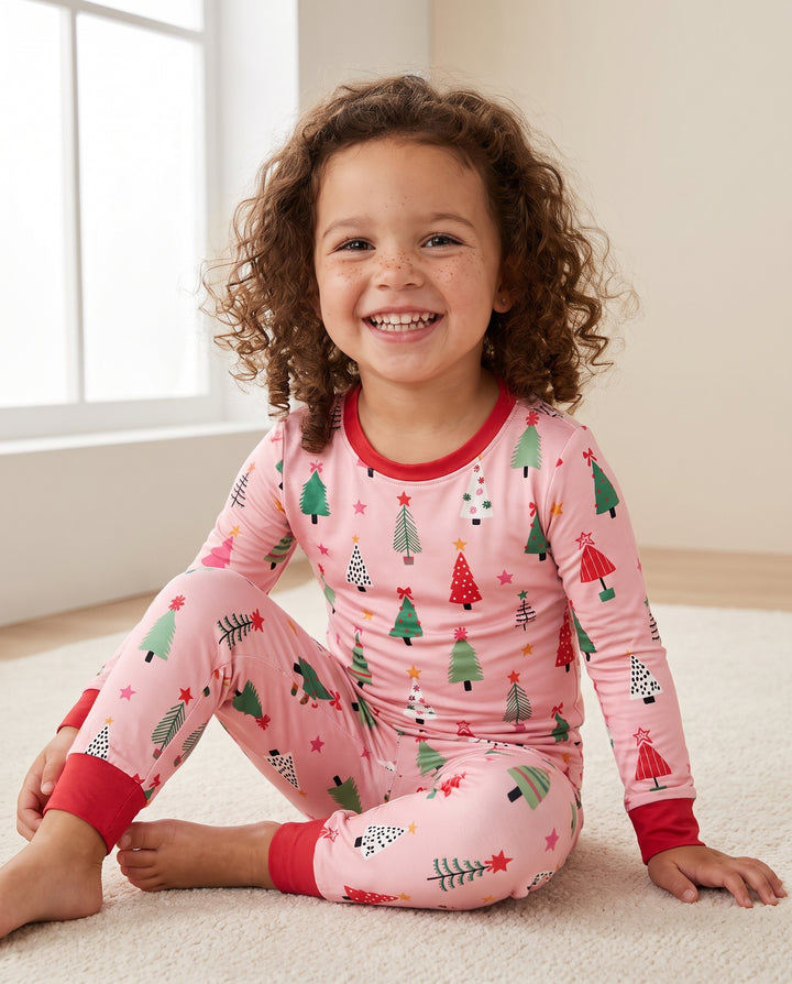 Whimsical Pink Christmas Trees Bamboo Two Piece Long Sleeve Pajama Set