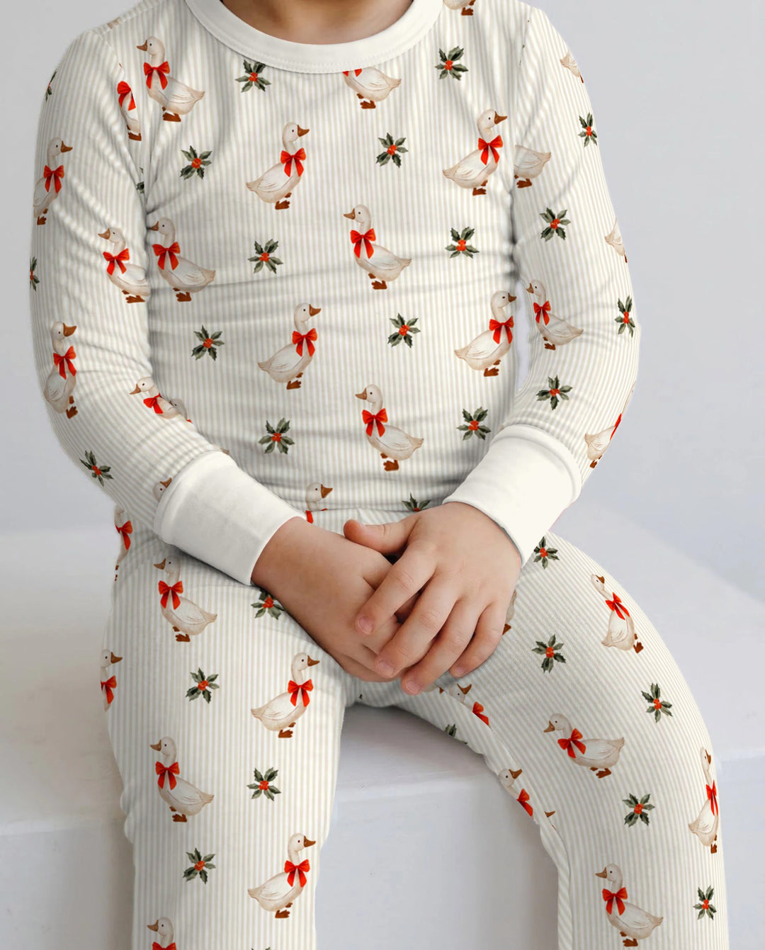 Christmas Goose Red Bow Bamboo Two Piece Long Sleeve Pajama Set