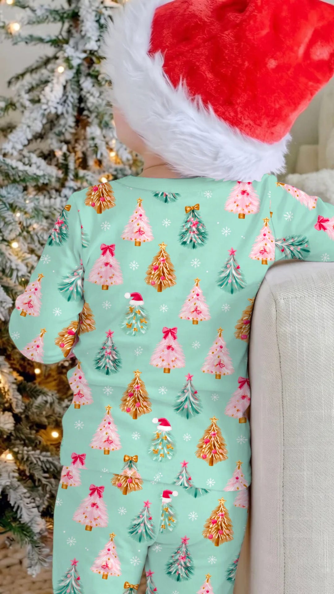 Pink & Gold Christmas Trees Bamboo Two Piece Long Sleeve Pajama Set