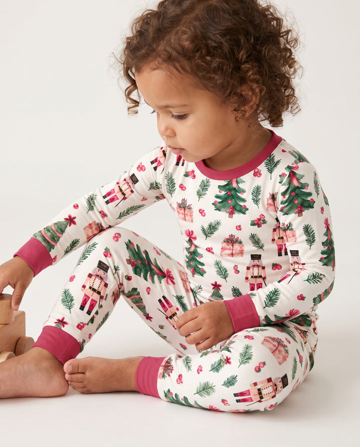 Pink Nutcracker Christmas Trees Bamboo Two Piece Long Sleeve Pajama Set