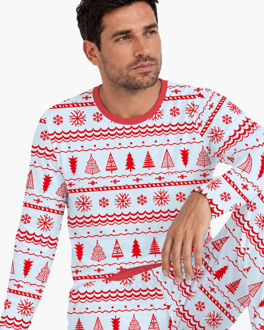 Red Nordic Christmas Trees & Snowflakes Bamboo Men's Pajama Set